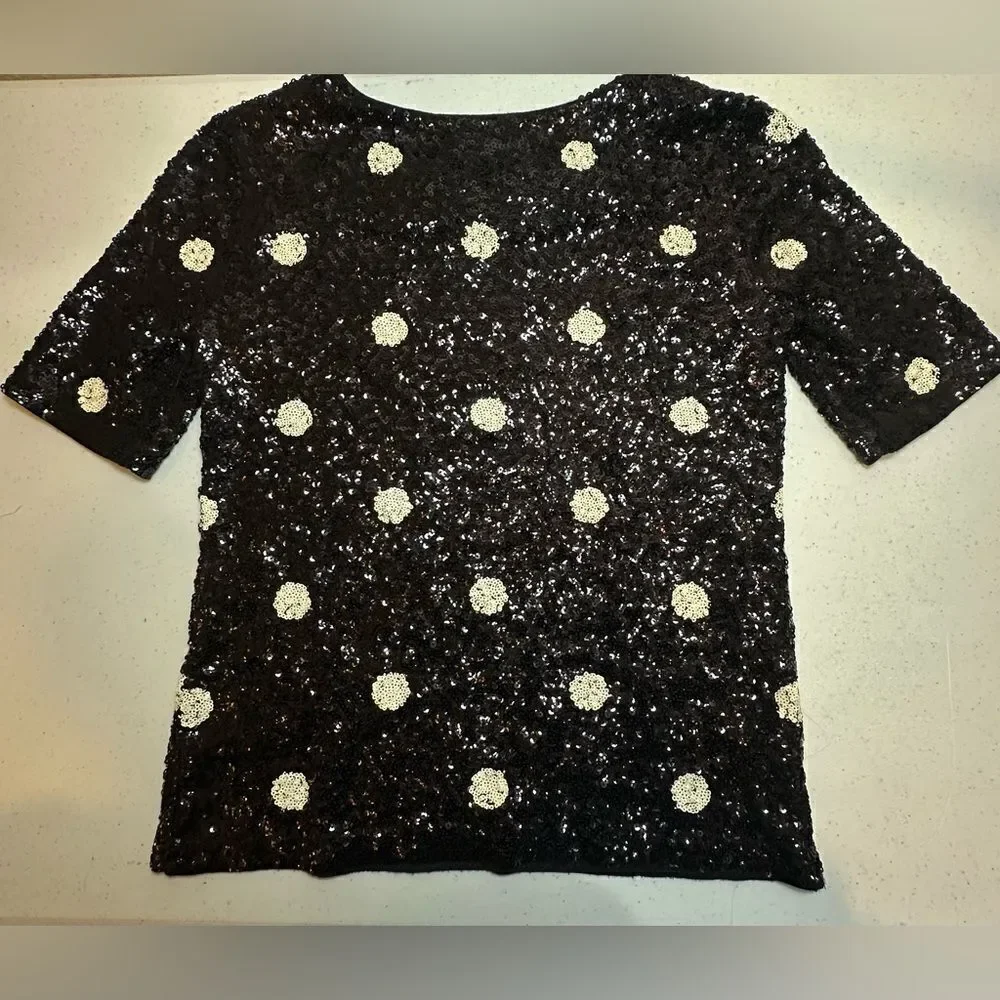 J. Crew XXS 100% Cotton Sequin Polka Dot Short Sleeve Top Party Blouse NWT Black